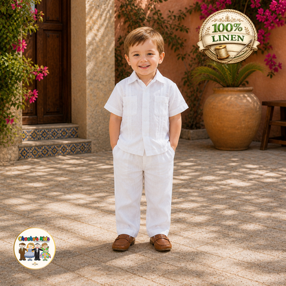 Boys 100% Linen Guayabera Set (White)