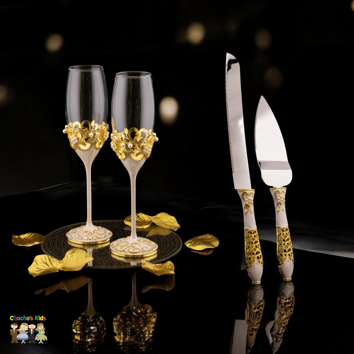 Super Elegant Wedding Wine Cups/ Wedding Flutes & Serving Set-Gold-007-Wedding Accessories-Chacho's Kids