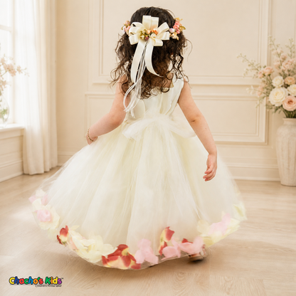 Back view of ivory D1095 baby flower girl dress with ribbon bow, floral headpiece and petal-filled tulle skirt