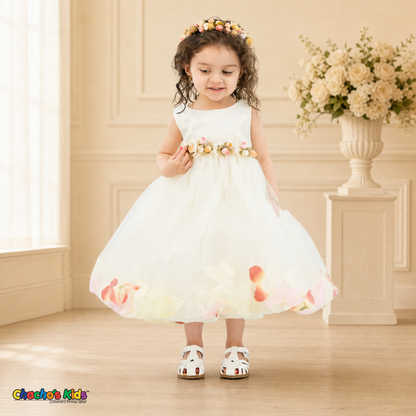 Ivory D1095 baby flower girl dress with floral waist and petal-filled tulle skirt on model