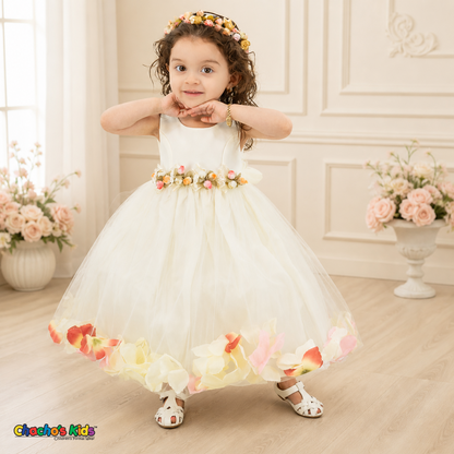 Ivory D1095 baby flower girl dress with floral waist and petal-filled tulle skirt, smiling model pose