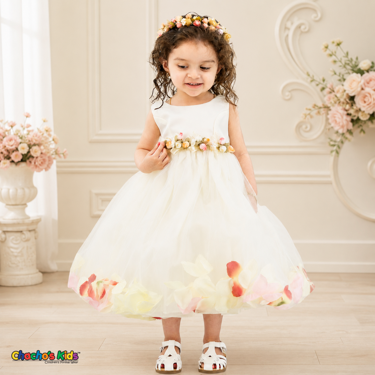 Ivory D1095 baby flower girl dress with floral waist and petal-filled tulle skirt, front model view