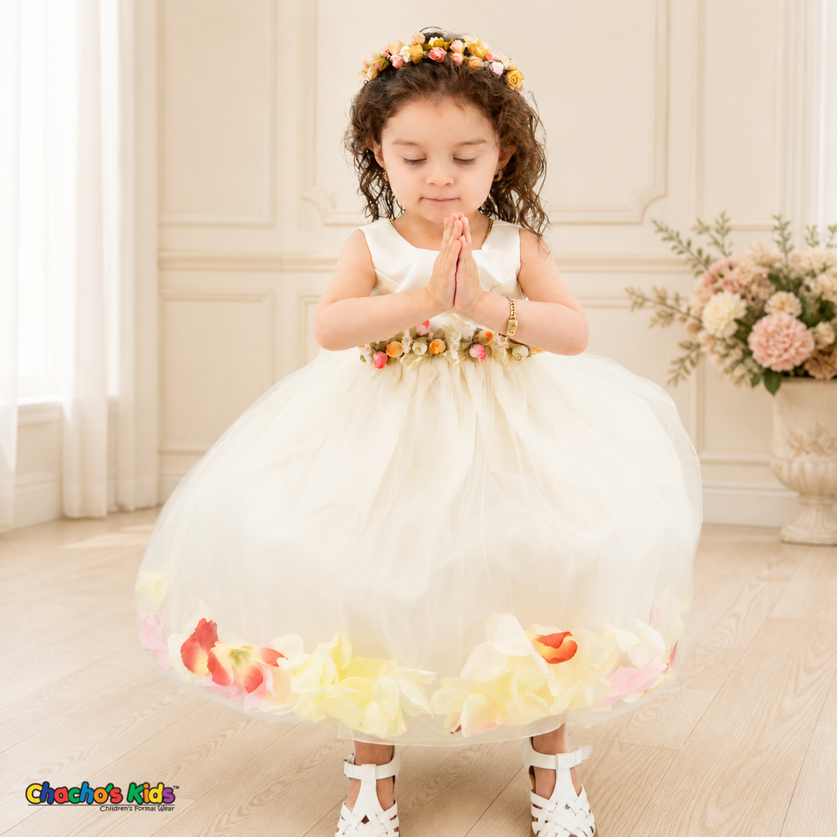 Ivory D1095 baby flower girl dress with floral waist and petal-filled tulle skirt, prayer pose