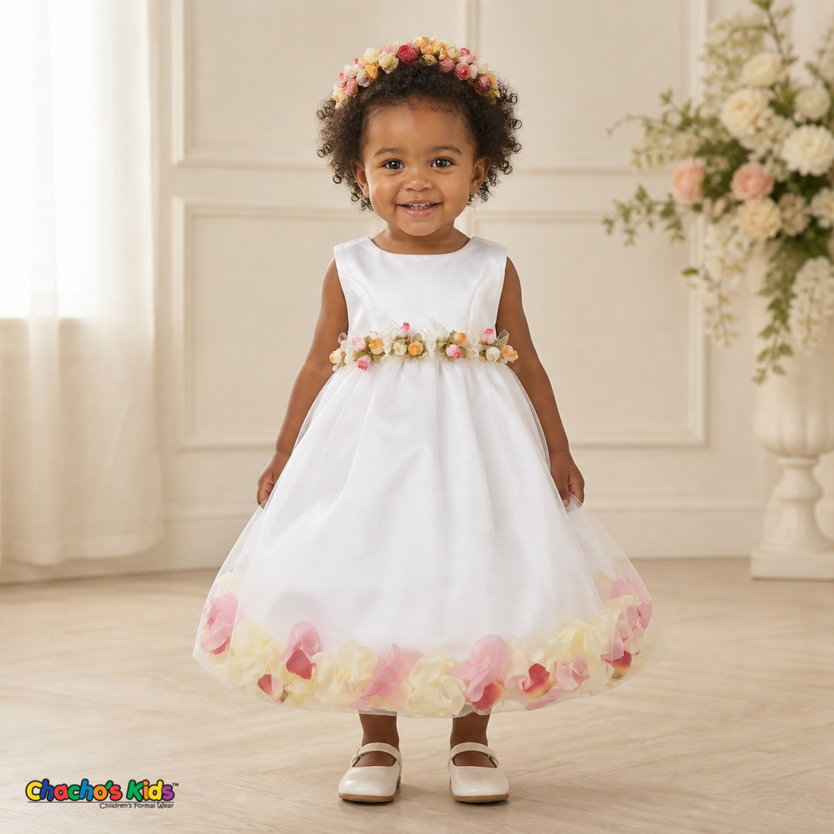 White D1095 baby flower girl dress with floral waist and petal-filled tulle skirt on toddler model