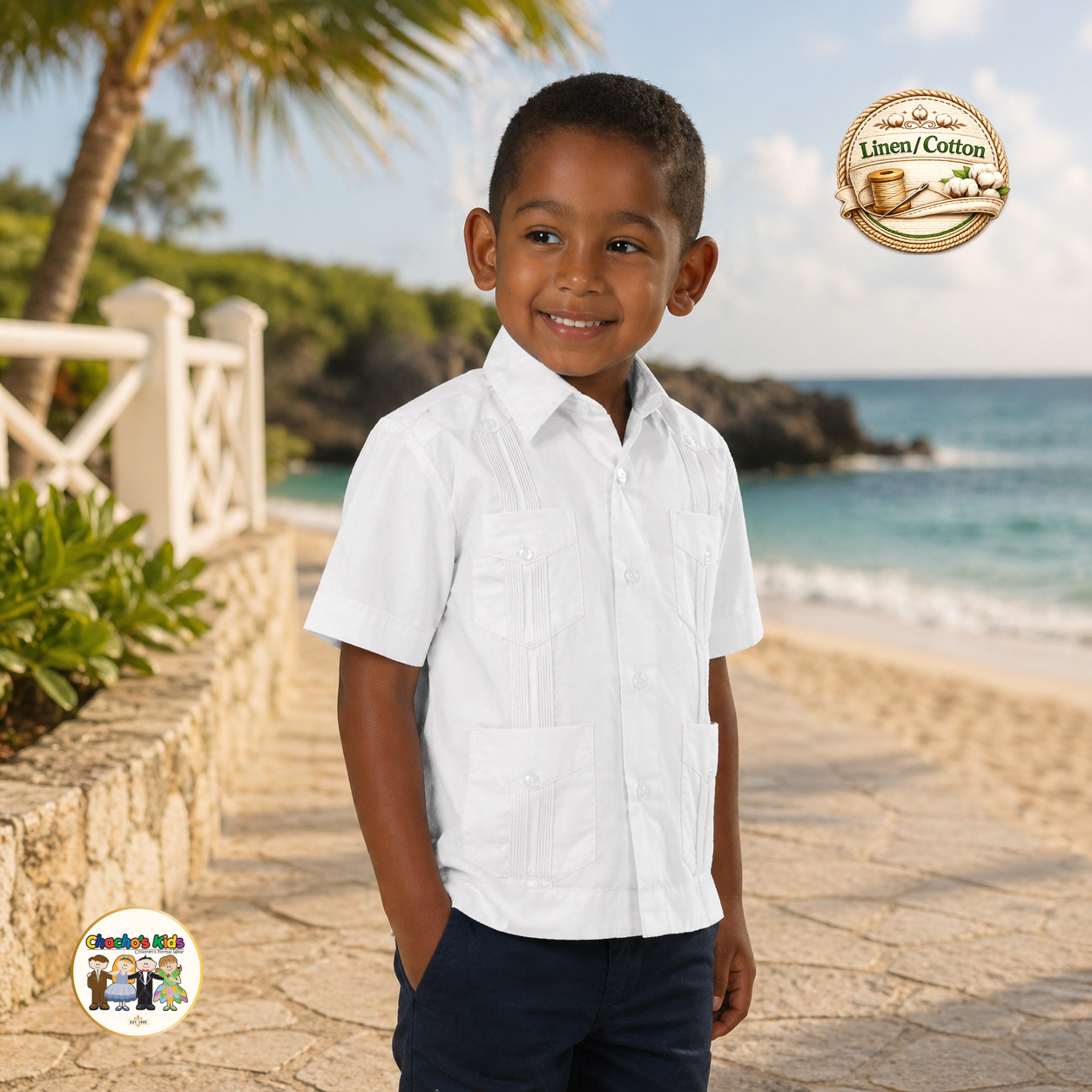 Boys Guayabera White Linen/Cotton (5545)