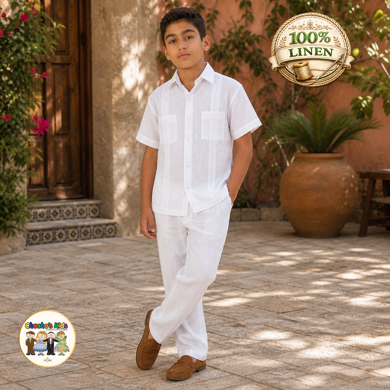 Boys 100% Linen Guayabera Set (White)