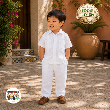 Boys 100% Linen Guayabera Set (White)