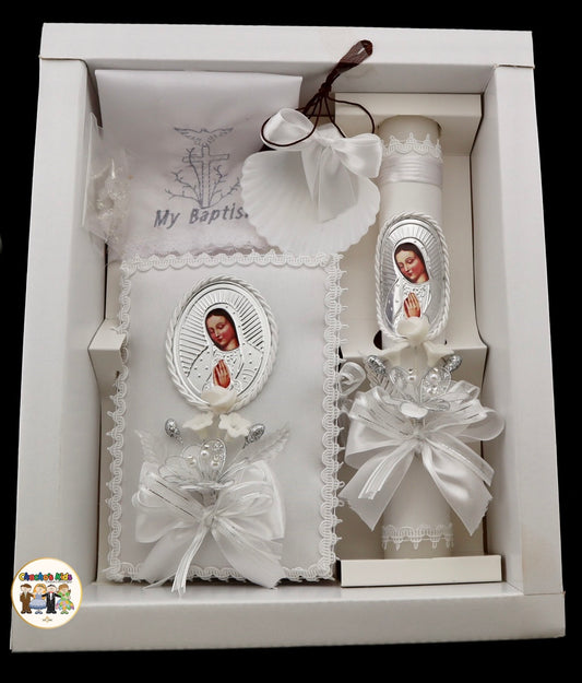 6 Piece Virgin Mary Baptism Candle Set (English)