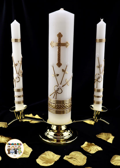 Wedding Unity Candle Set w/ Gold Stand (4 Piece Set)