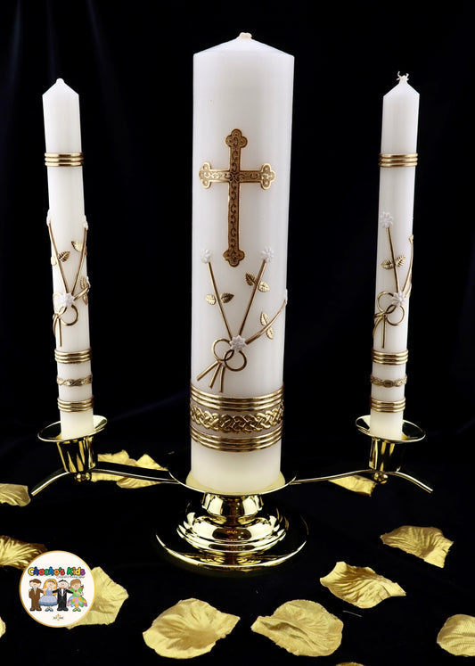Wedding Unity Candle Set w/ Gold Stand (4 Piece Set)