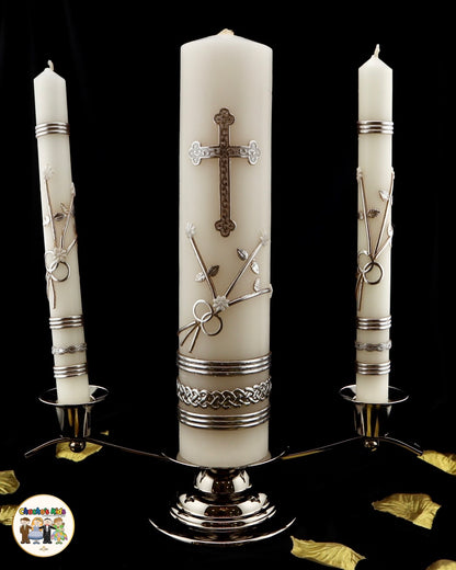 Wedding Unity Candle Set w/ Silver Stand (4 Piece Set)