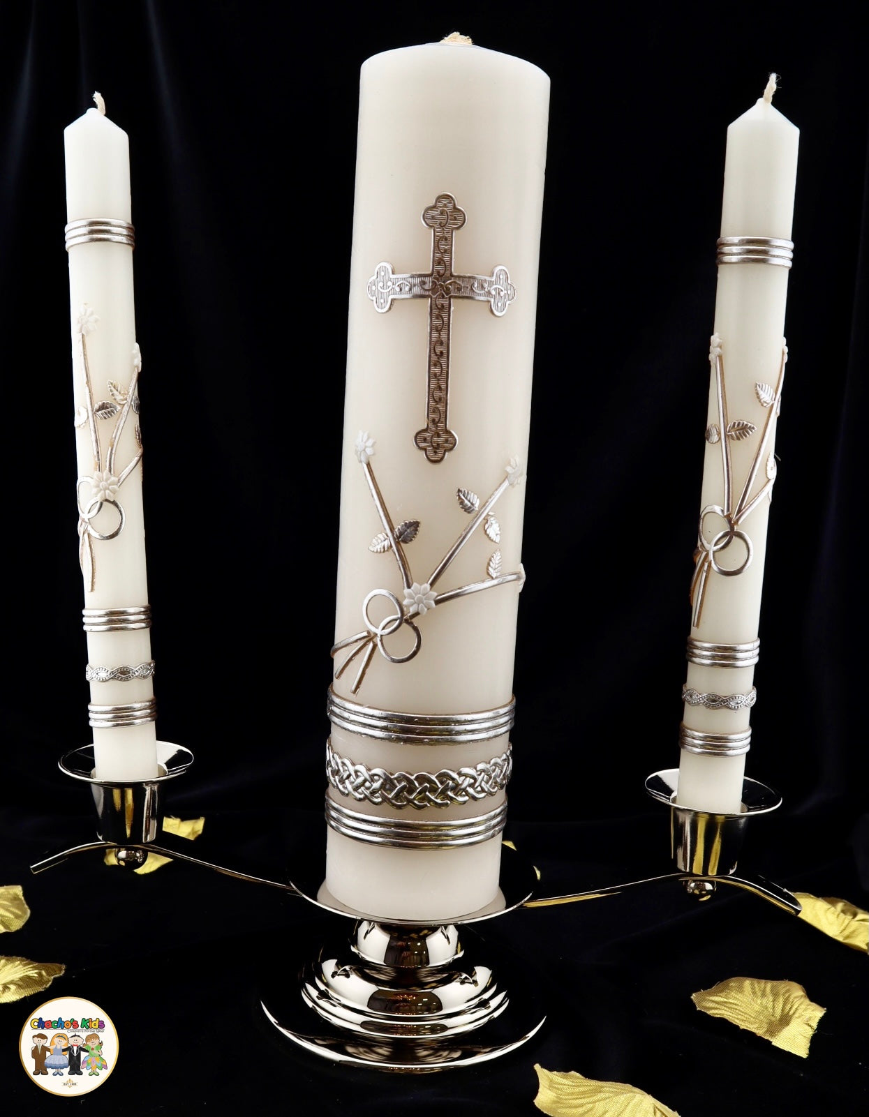 Wedding Unity Candle Set w/ Silver Stand (4 Piece Set)