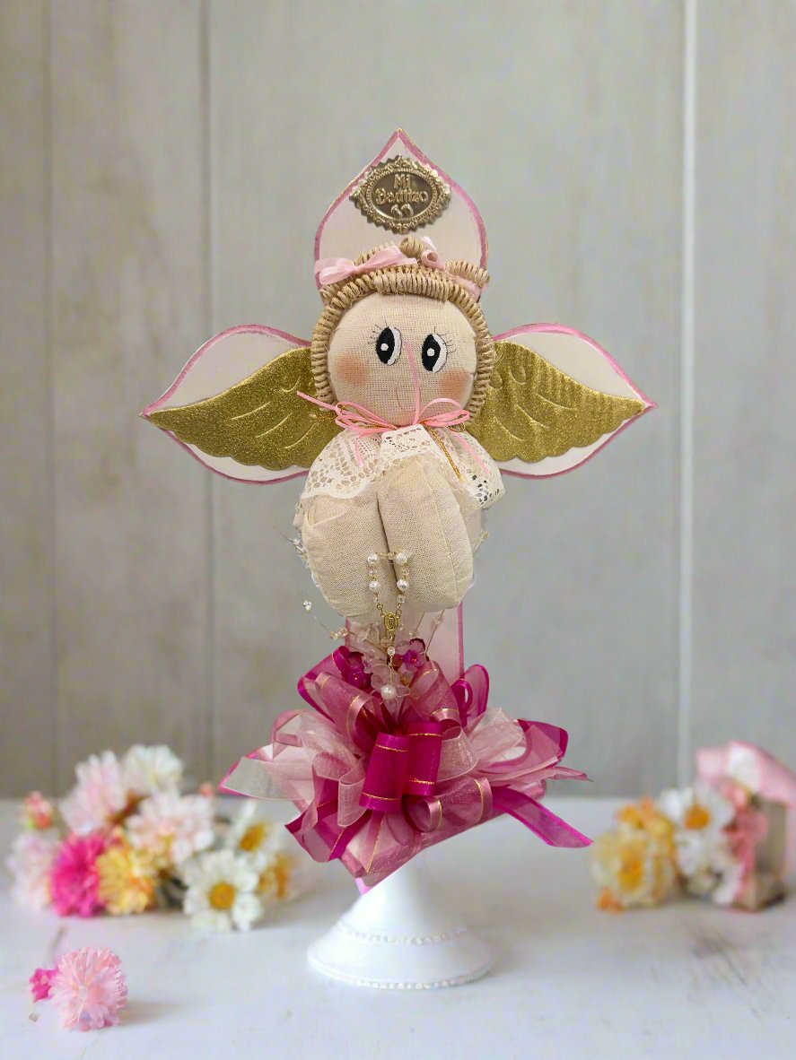 Girls Handcrafted Baptism Centerpiece (Angel Cross)-Spanish