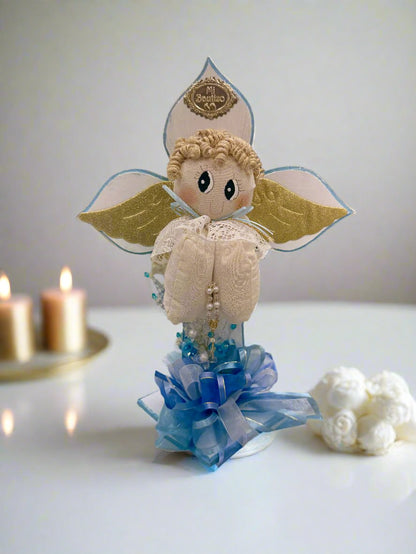 Boys Handcrafted Baptism Centerpiece (Angel Cross)-Spanish