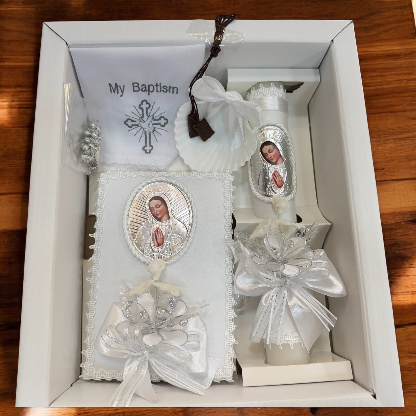 6 Piece Virgin Mary Baptism Candle Set (English)