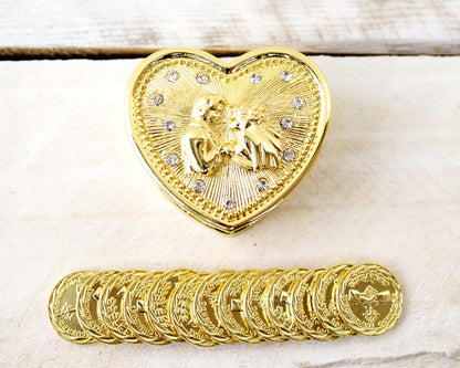 2" Gold Heart Wedding Arras Box and Coin Set with Wedding Couple