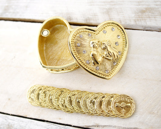 2" Gold Heart Wedding Arras Box and Coin Set with Wedding Couple