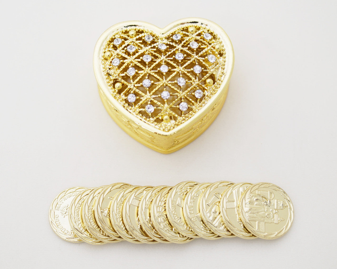 1.5" Gold Heart Arras Box and Coin Set with Rhinestones