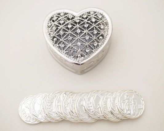 1.5" Silver Heart Arras Box and Coin Set with Rhinestones