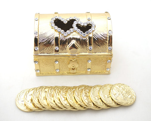 2.2" Gold Double Heart Treasure Chest Arras Box and Coin Set