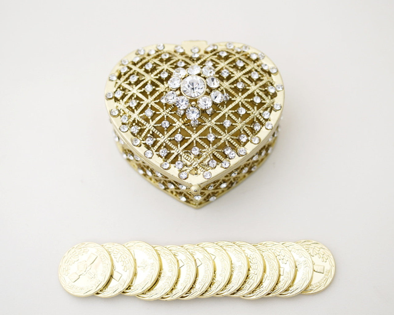 2.5" Gold Heart Rhinestone Wedding Arras Box and Coin Set