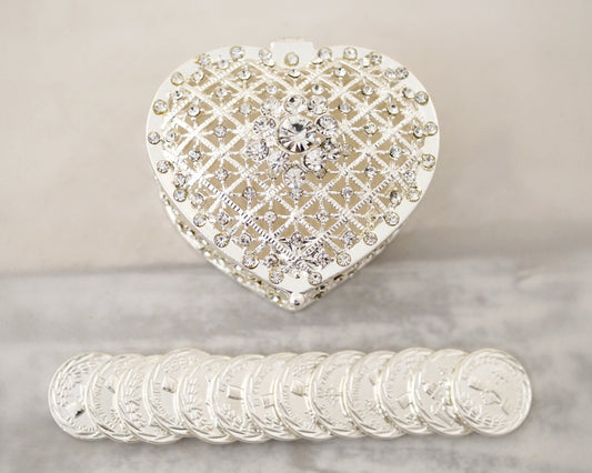 2.5" Silver Heart Rhinestone Wedding Arras Box and Coin Set