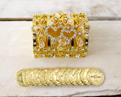 Wedding Arras-2-1/4" Gold Double Heart Crystal Treasure Chest Arras Box & Coin Set-Chacho's Kids