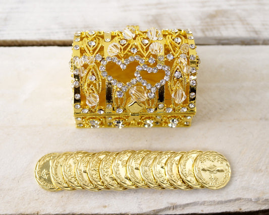 2-1/4" Gold Double Heart Crystal Treasure Chest Arras Box & Coin Set