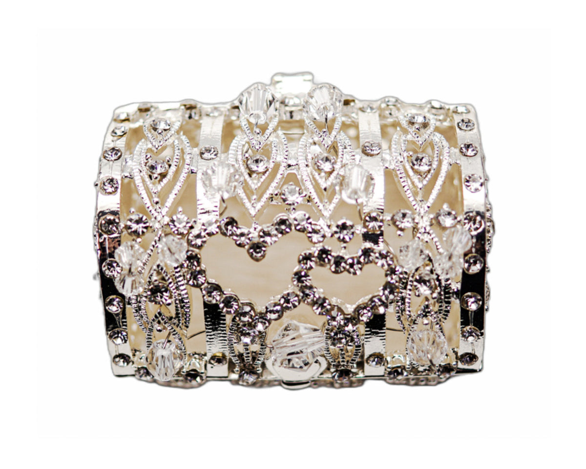 Wedding Arras-2-1/4" Silver Double Heart Crystal Treasure Chest Arras Box & Coin Set-Chacho's Kids