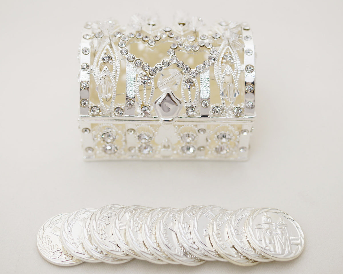 Wedding Arras-2-1/4" Silver Double Heart Crystal Treasure Chest Arras Box & Coin Set-Chacho's Kids