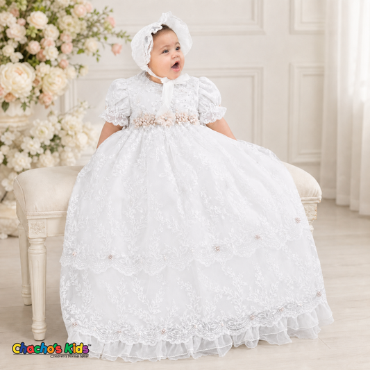 White long ropon girls baptism dress with bonnet and floral waist - Chacho's Kids