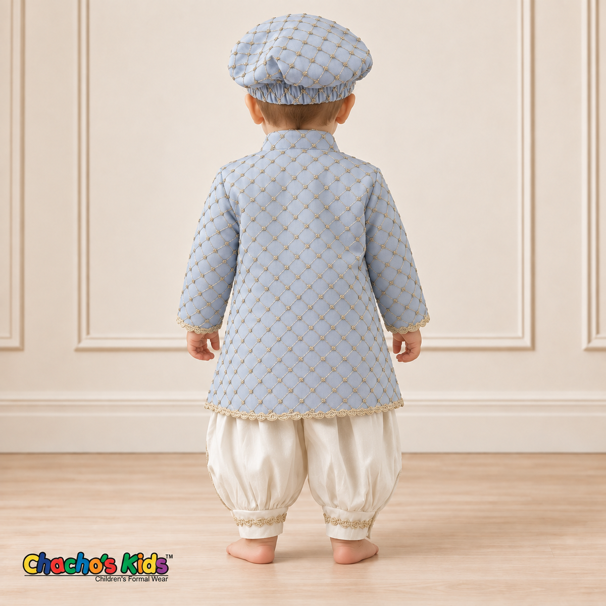 Alex baby boy baptism outfit in ivory and baby blue with gold trim, coat back view.