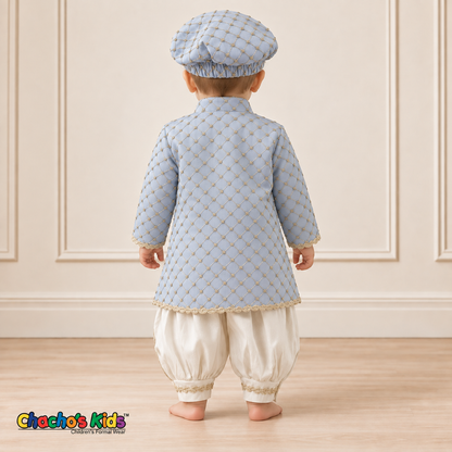 Alex baby boy baptism outfit in ivory and baby blue with gold trim, coat back view.