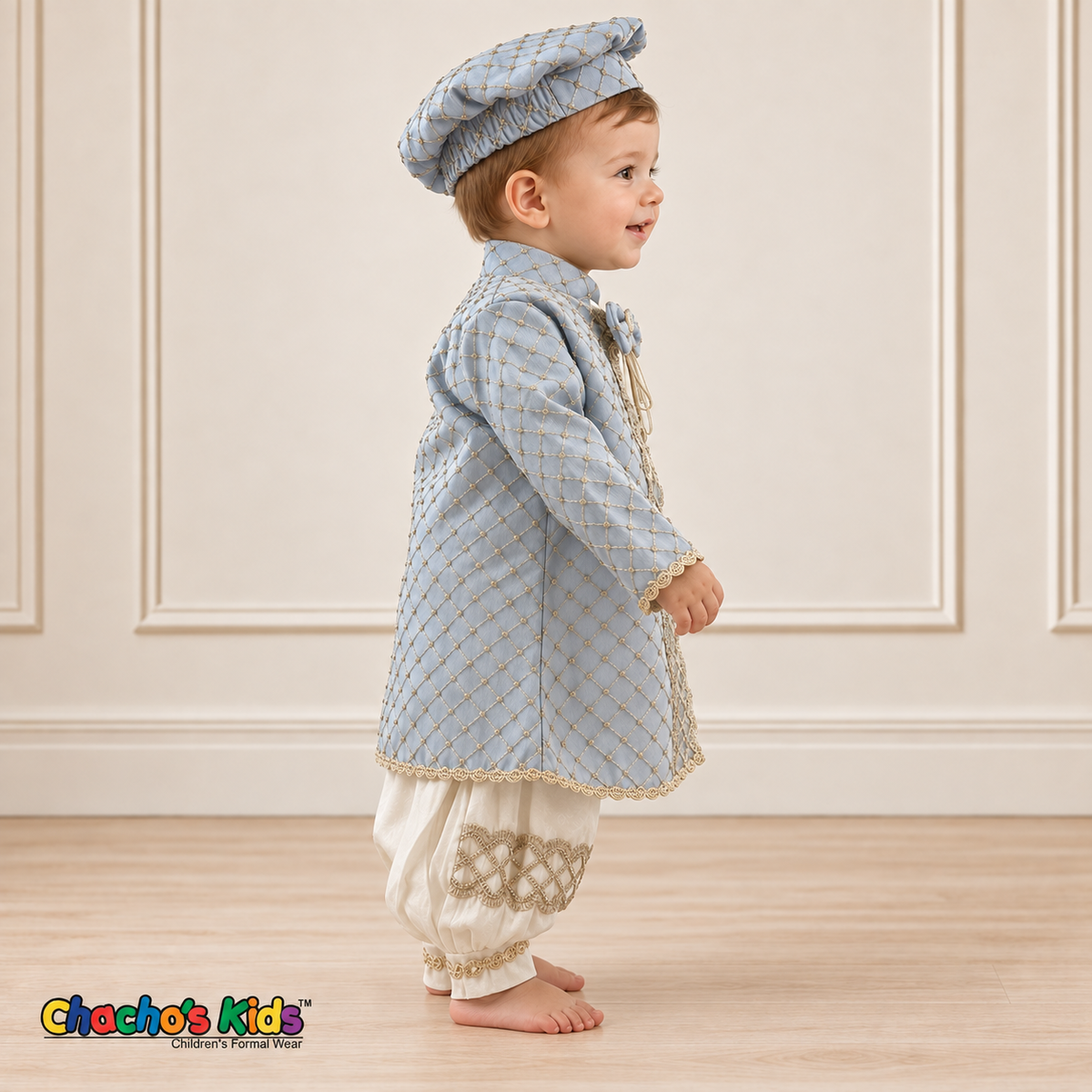 Alex baby boy baptism outfit in ivory and baby blue with gold trim, coat side view.