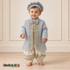 Alex baby boy baptism outfit in ivory and baby blue with gold embroidery, front view with coat and matching cap.