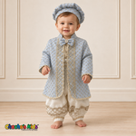 Alex baby boy baptism outfit in ivory and baby blue with gold embroidery, front view with coat and matching cap.
