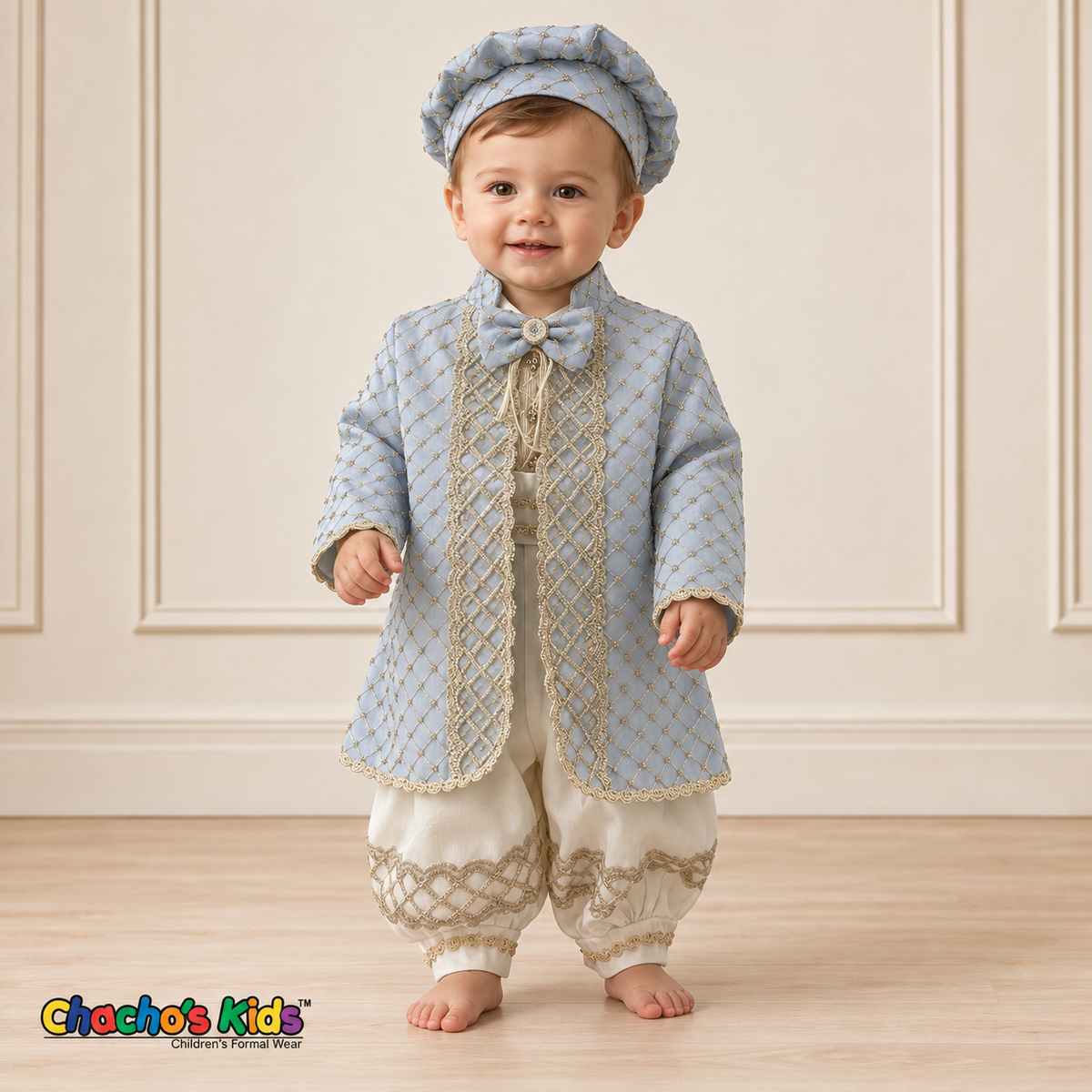 Alex baby boy baptism outfit in ivory and baby blue with gold embroidery, front view with coat and matching cap.