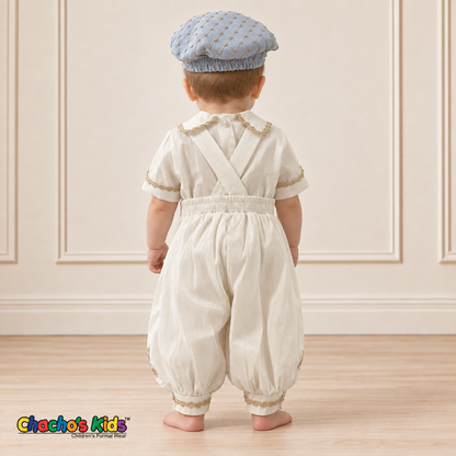 Alex baby boy baptism outfit in ivory and baby blue with gold trim, without coat back view.