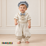 Alex baby boy baptism outfit in ivory and baby blue with gold trim, without coat front view.