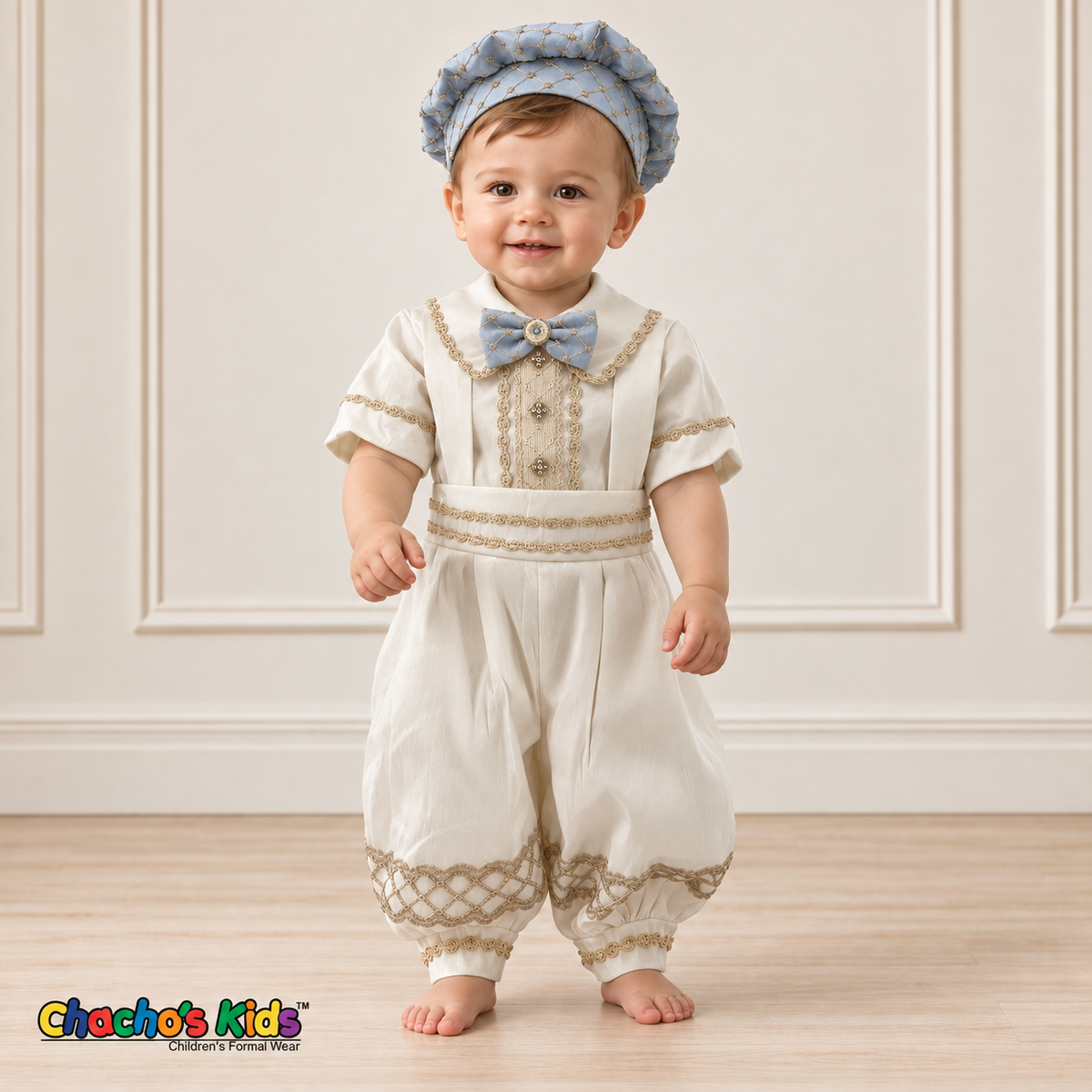 Alex baby boy baptism outfit in ivory and baby blue with gold trim, without coat front view.