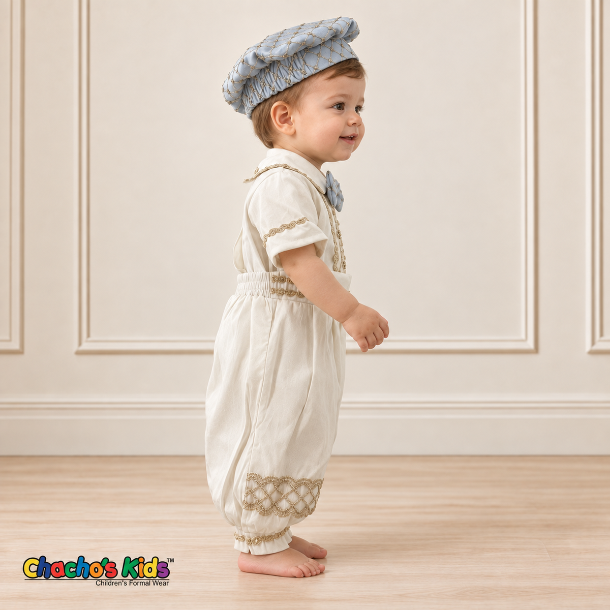 Alex baby boy baptism outfit in ivory and baby blue with gold trim, without coat side view.