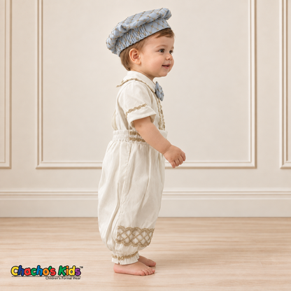 Alex baby boy baptism outfit in ivory and baby blue with gold trim, without coat side view.