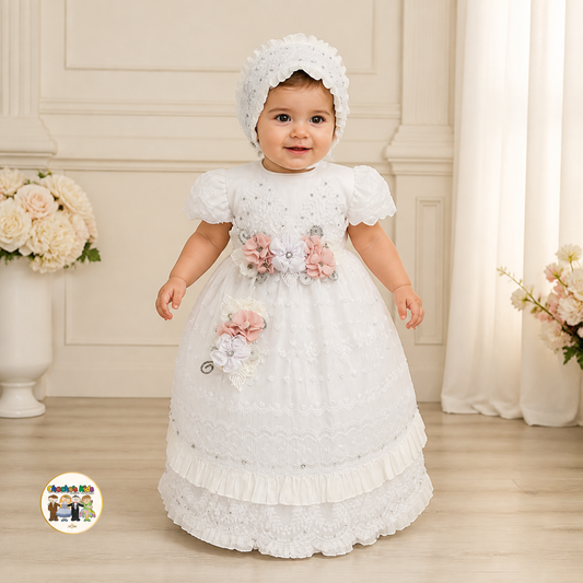 Arely white baby girls baptism dress with lace, floral sash and matching bonnet
