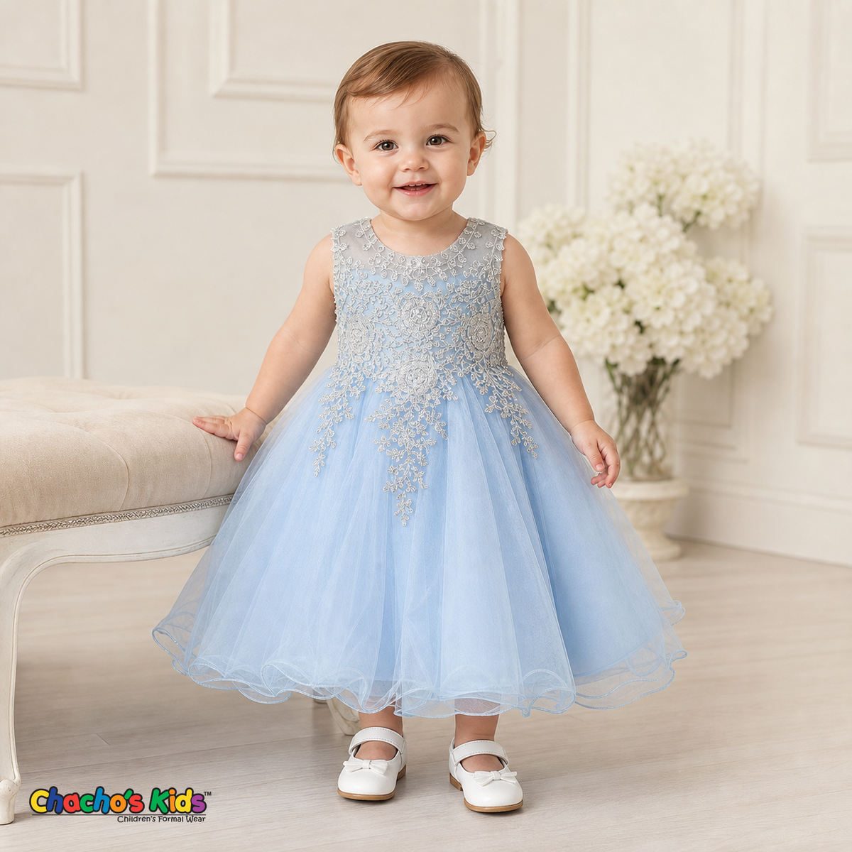 Baby wearing Baby Blue Baby Embroidered Tulle Dress for weddings and parties, style 9004m - Chacho's Kids