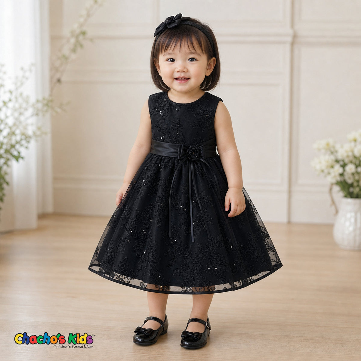 Baby girl wearing black embroidered sequin flower girl dress with floral waist detail, style 1597