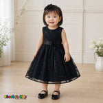 Baby girl wearing black embroidered sequin flower girl dress with floral waist detail, style 1597