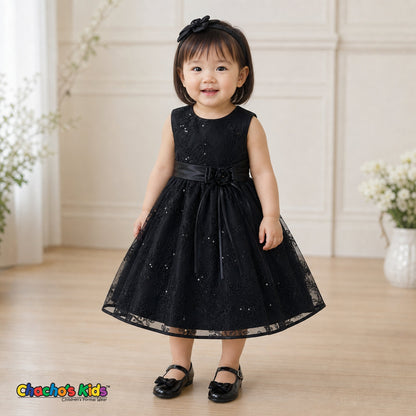 Baby girl wearing black embroidered sequin flower girl dress with floral waist detail, style 1597