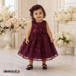 Baby girl wearing burgundy embroidered sequin flower girl dress with floral waist detail, style 1597