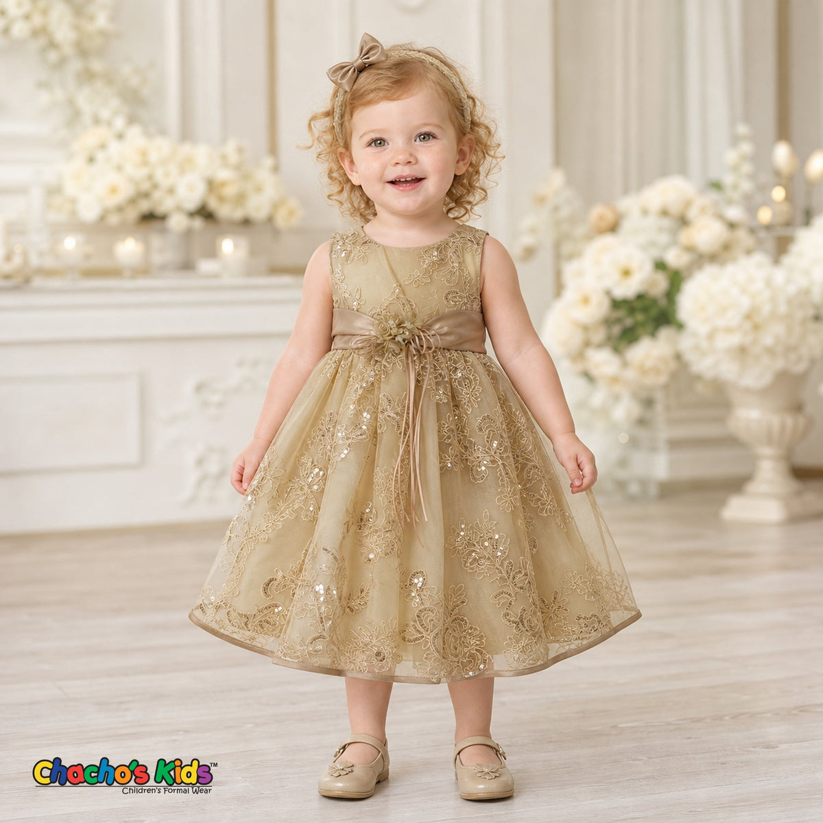Baby girl wearing champagne embroidered sequin flower girl dress with floral waist detail, style 1597