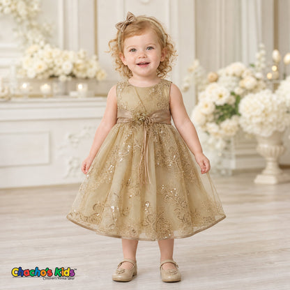 Baby girl wearing champagne embroidered sequin flower girl dress with floral waist detail, style 1597
